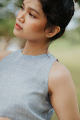 Shan Sleeveless Linen Top - Sky Plaid