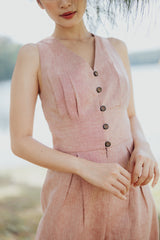 Eunice Pleated V Neck Jumpsuit - Salmon