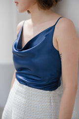 Lyn Satin Cowl Top - Ocean Blue